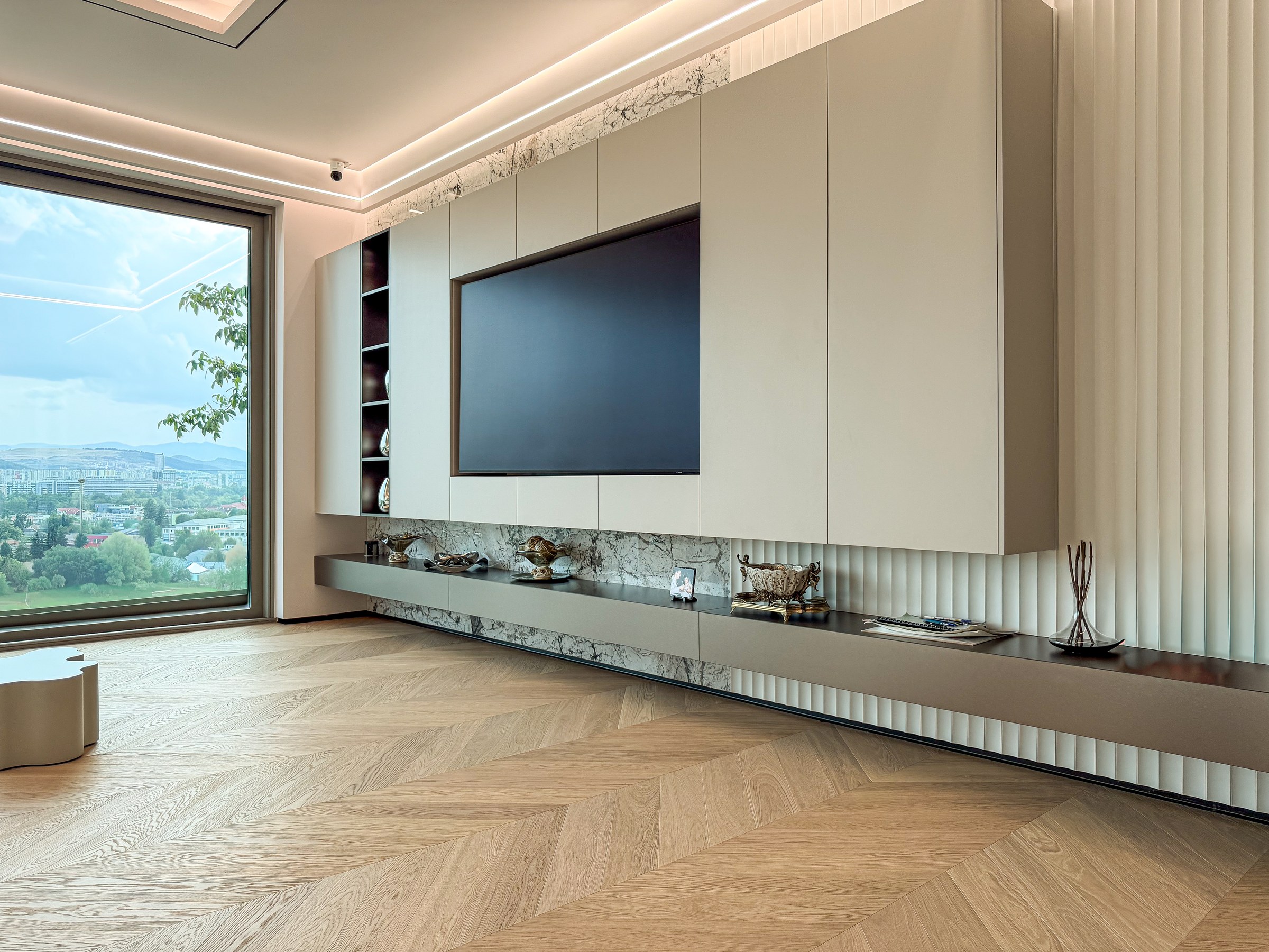 Residential House Cluj — Modern living room with evening architectural illumination