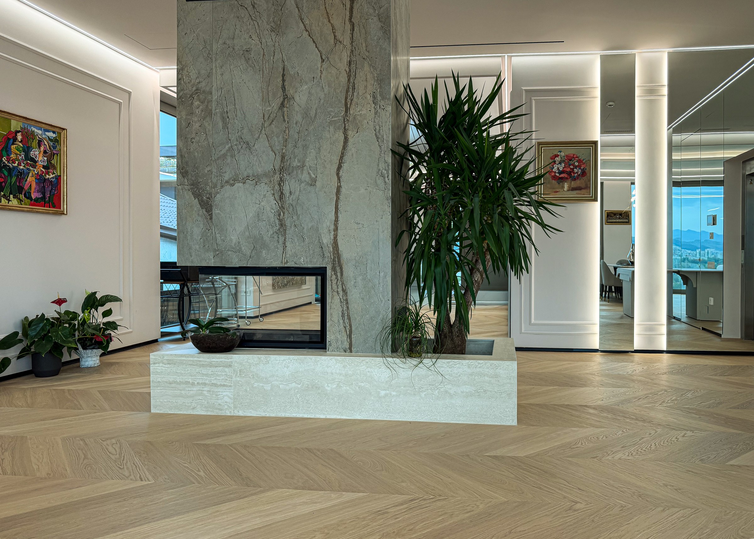 Residential House Cluj — Natural stone clad fireplace