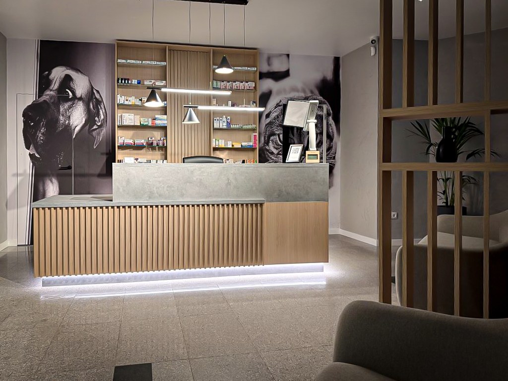 Veterinary reception and pharmacy millwork with integrated LED lighting